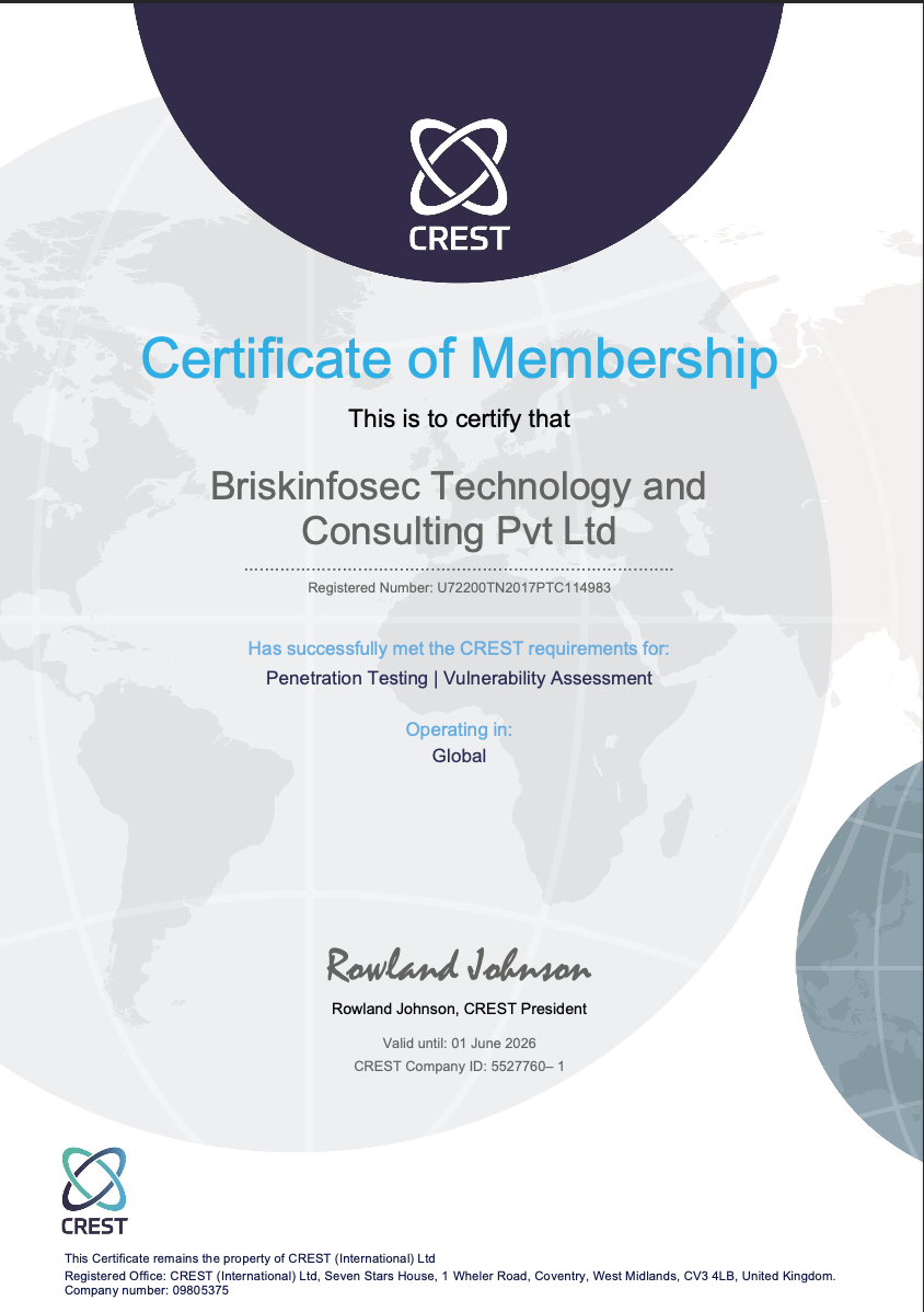 Briskinfosec CREST Accreditation Certificate